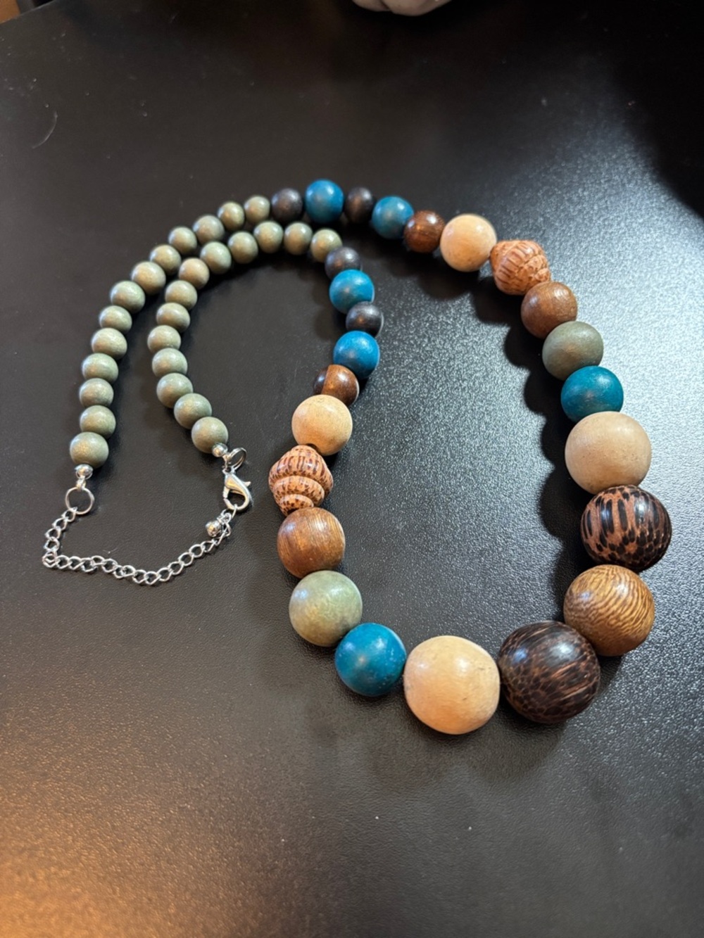 Hand Crafted Multicolor Wooden Bead Necklace in Blue, Brown & Cream